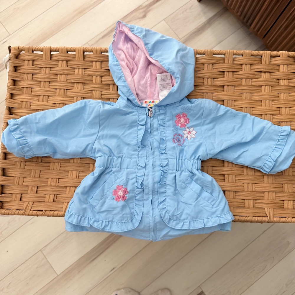 Vintage Cottagecore Baby Girl Blue Floral Ruffle Hooded Jacket 12M Heart Zipper
